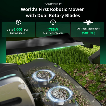 Dual rotary cutting discs on the Lymow One Plus, rated 6,000 RPM and 1785 W peak power