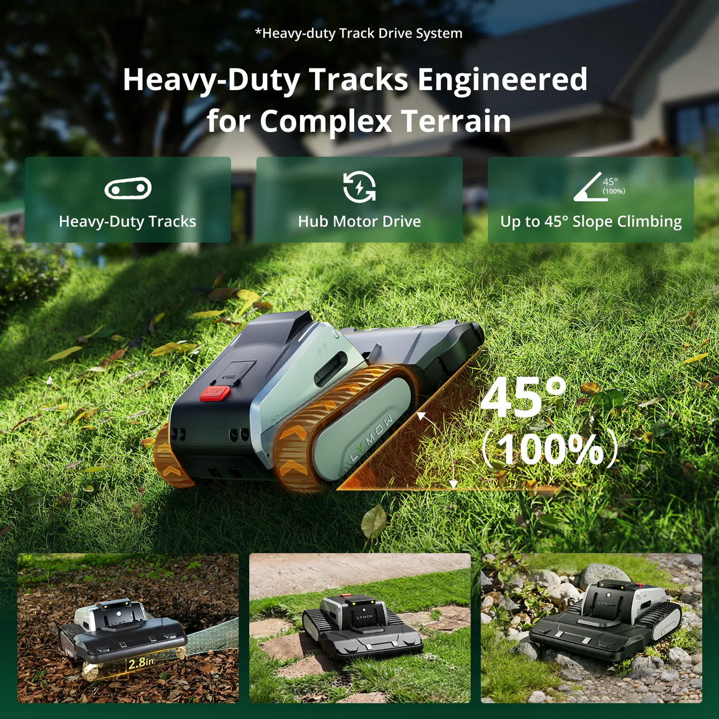 Lymow One Plus climbing a 45-degree slope on heavy-duty tracks with hub motor drive