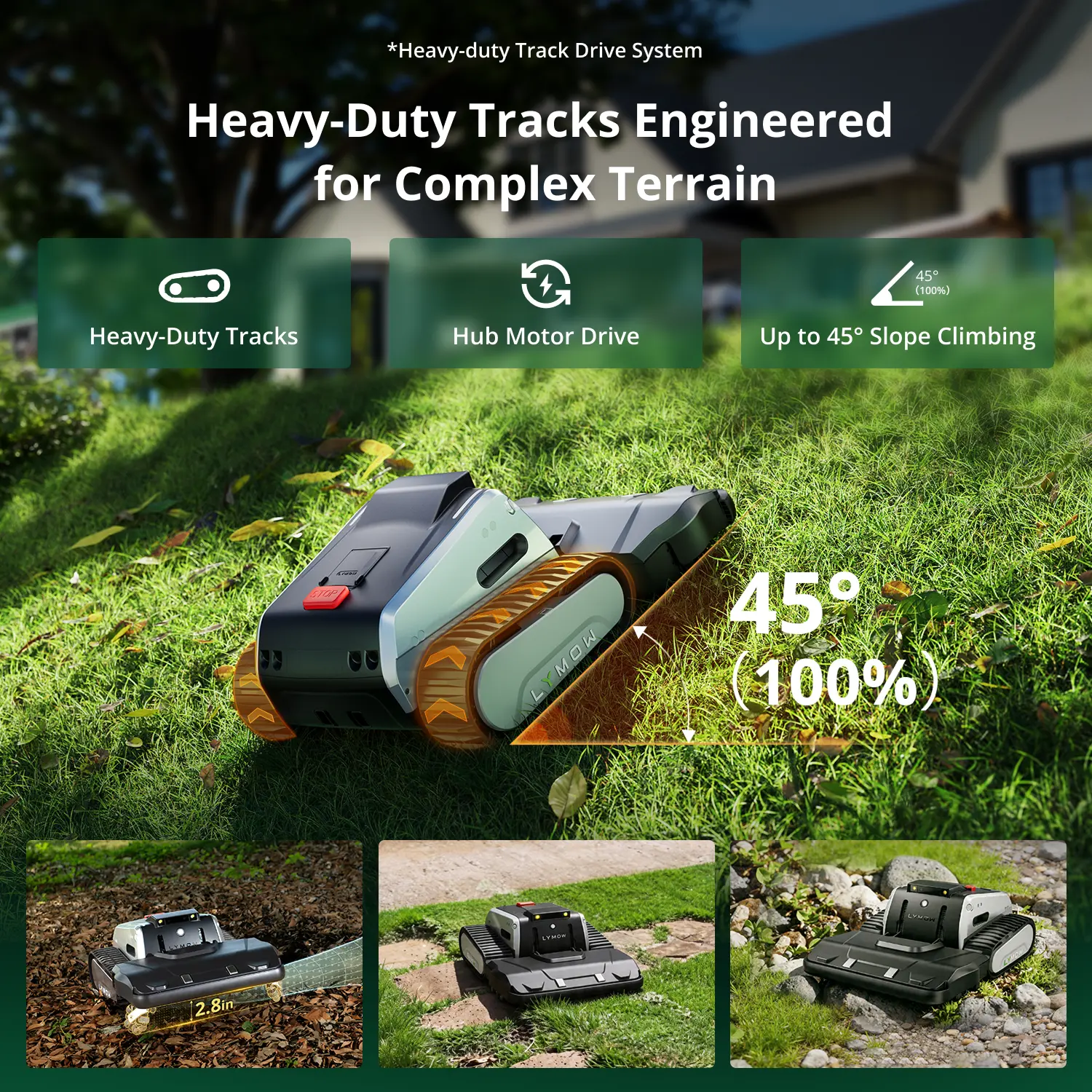 Lymow One Plus climbing a 45-degree slope on heavy-duty tracks with hub motor drive