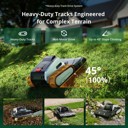 Lymow One Plus climbing a 45-degree slope on heavy-duty tracks with hub motor drive