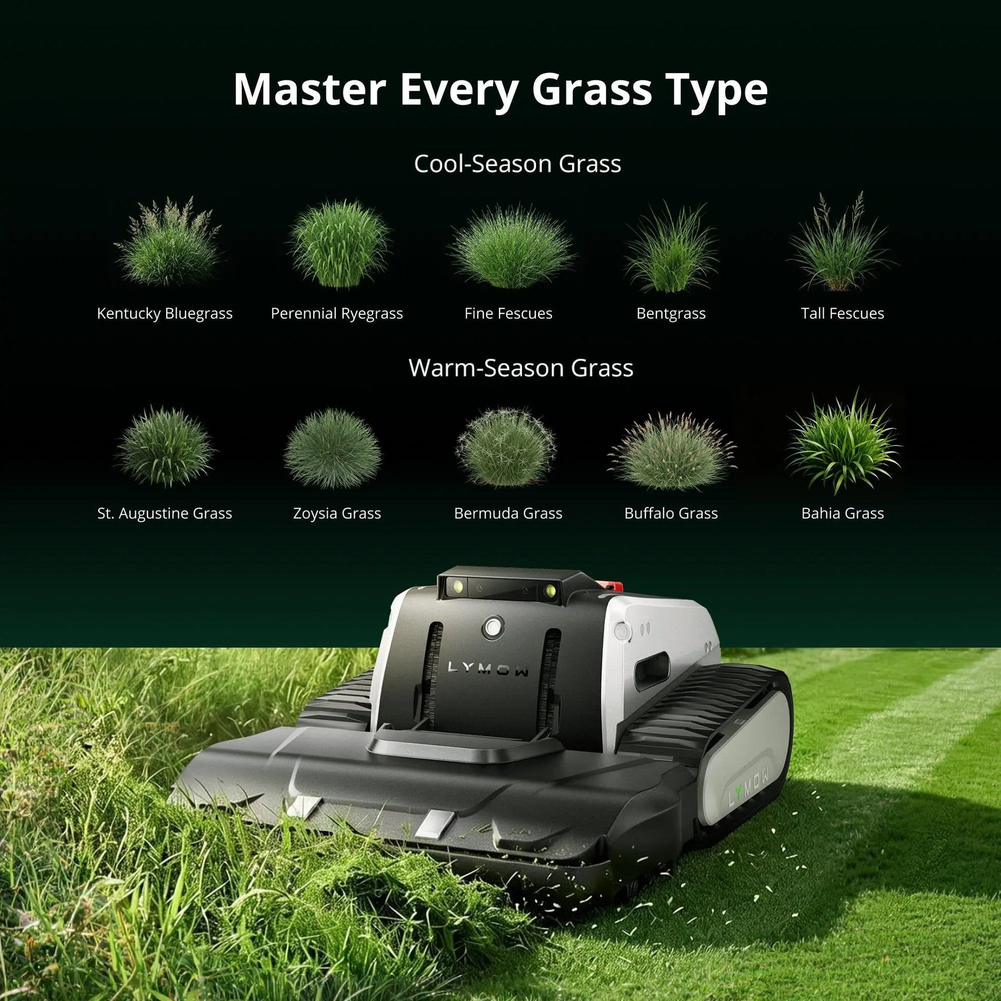 Cool-season and warm-season grass types the Lymow One Plus cuts, with mower on turf