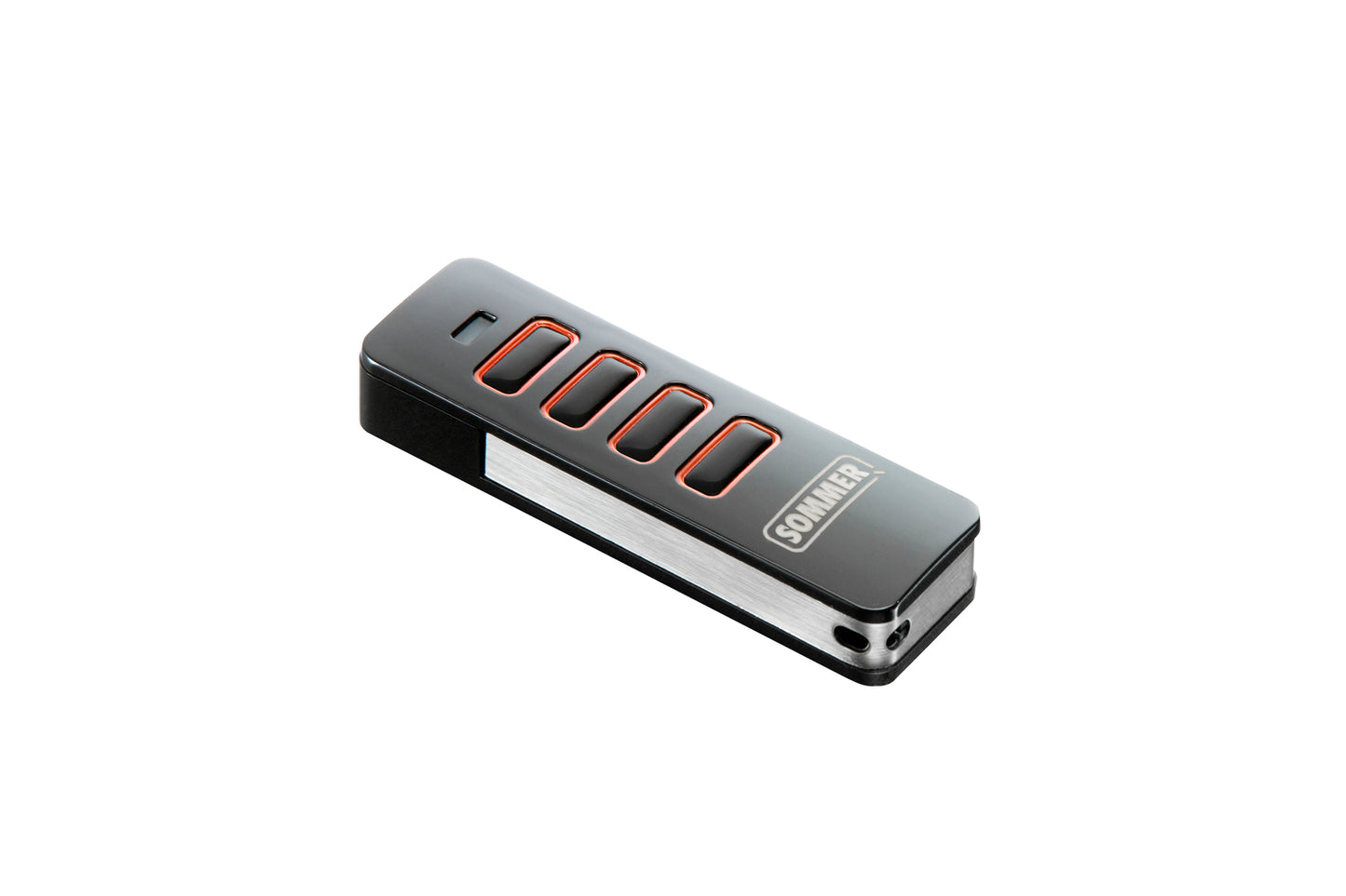 Sommer Pearl four-button garage door remote in black with silver metal trim