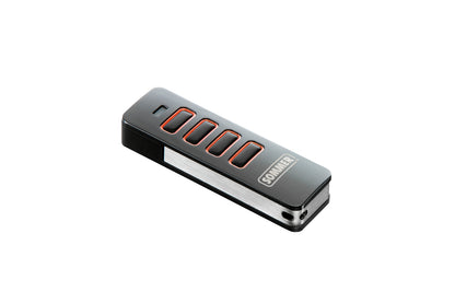 Sommer Pearl four-button garage door remote in black with silver metal trim