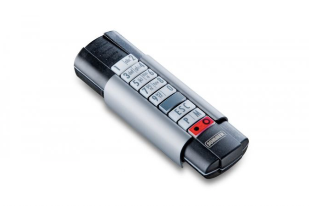 Sommer Telecody Courier keypad transmitter in black with silver aluminium sleeve