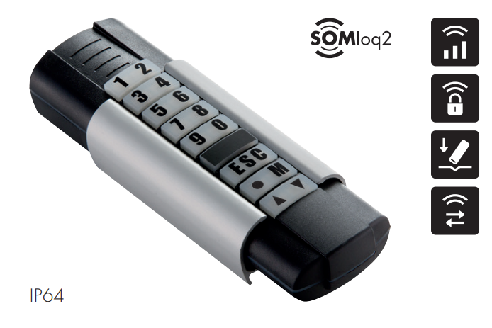 Sommer GIGAcom keypad transmitter in black and silver with SOMloq2 and IP64 markings