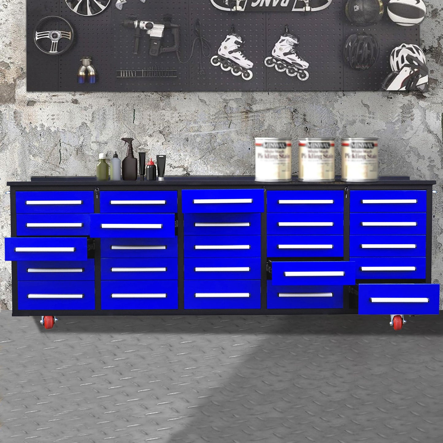 10ft 25-Drawer Storage Workbench with Wheels