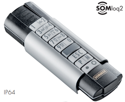 Sommer Telecody+ wireless keypad in black and silver, IP64 rated, with sliding cover
