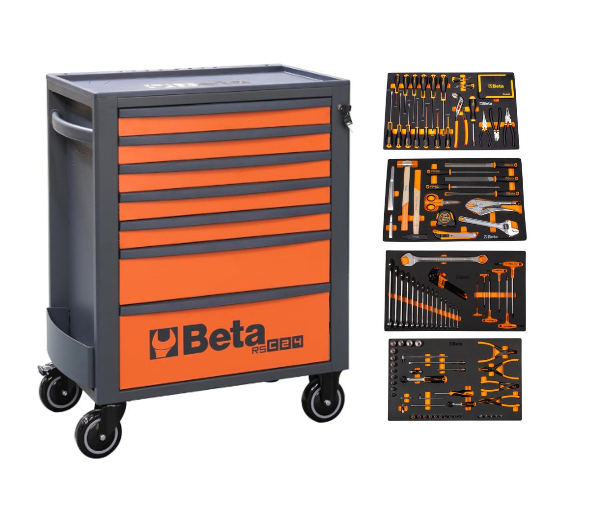 Orange Beta RSC24 seven-drawer cabinet beside the four 5924 thermoformed tool trays