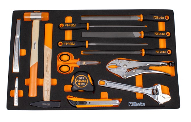 Beta 5924 tray with files, hammer, chisels, scissors, tape measure, adjustable wrench and knife