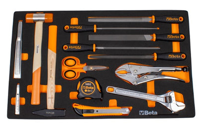 Beta 5924 tray with files, hammer, chisels, scissors, tape measure, adjustable wrench and knife