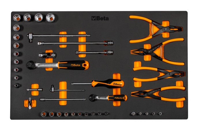 Beta 5924 tray holding 1/4 and 3/8 drive sockets, ratchets, extensions and four pairs of pliers