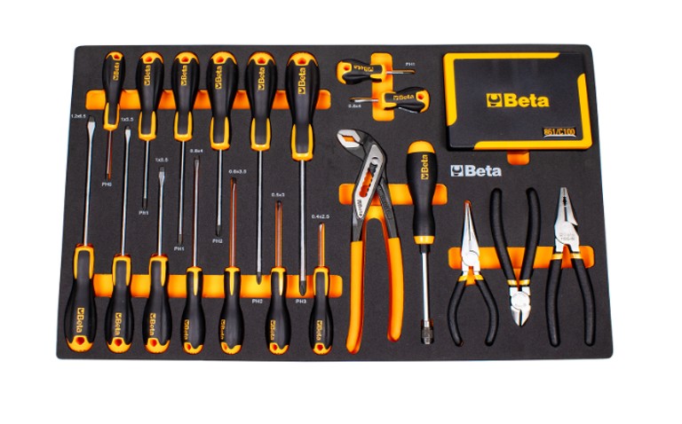 Beta 5924 tray of slotted and Phillips screwdrivers, pliers, cutters and a bit assortment
