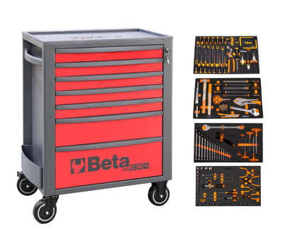 Red Beta RSC24 seven-drawer cabinet shown with the four 5924 tool trays it is bundled with