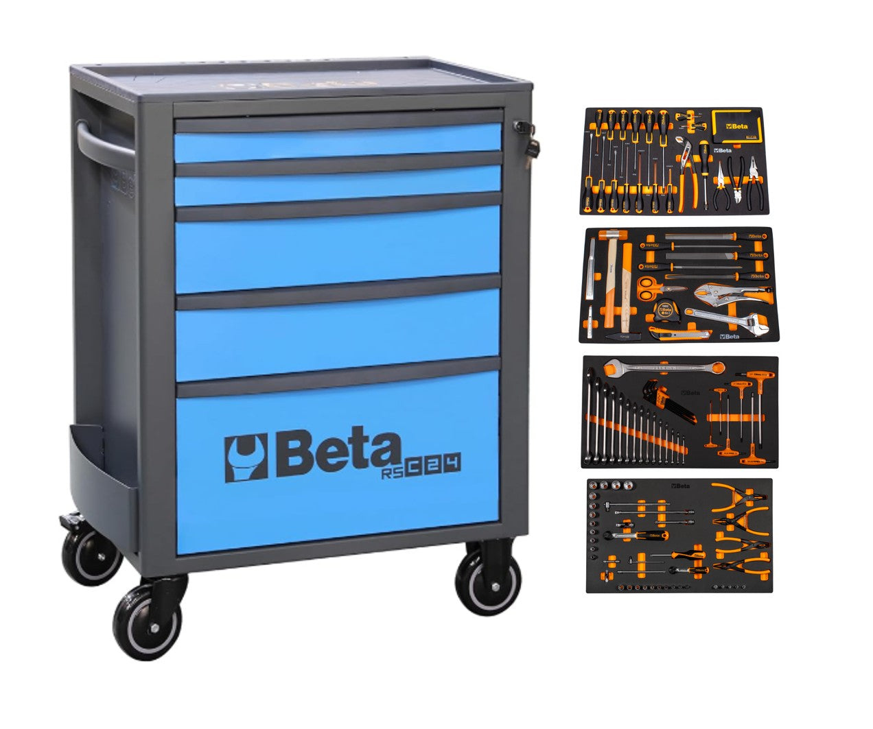 Blue Beta RSC24 seven-drawer cabinet shown with the four 5924 tool trays it is bundled with