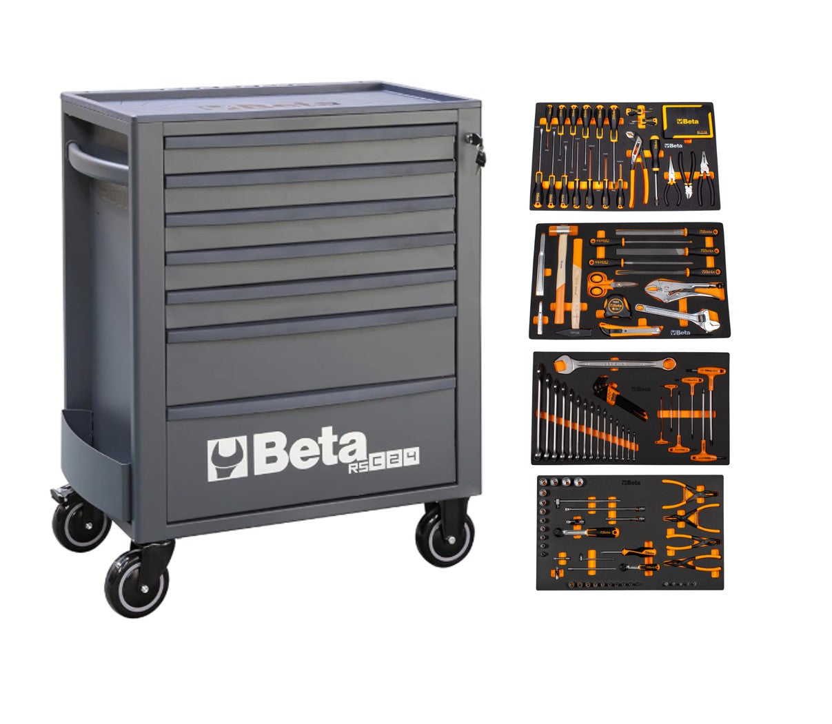 Grey Beta RSC24 seven-drawer cabinet shown with the four 5924 tool trays it is bundled with