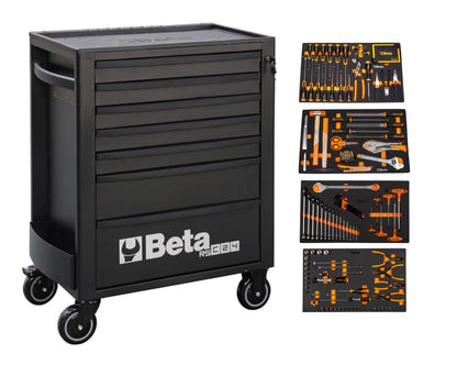 Black Beta RSC24 seven-drawer cabinet shown with the four 5924 tool trays it is bundled with