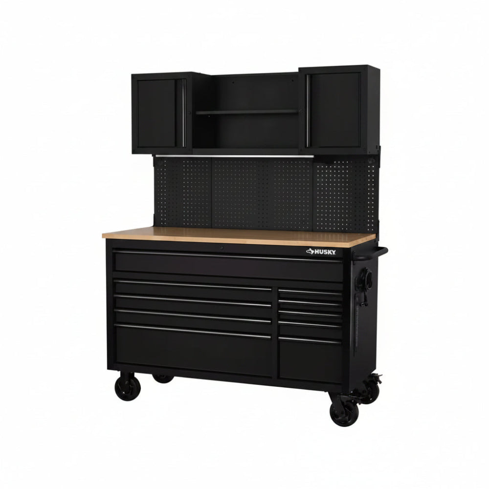 56 In. W X 27.6 In. D 10-Drawer Matte Black Heavy-Duty Mobile Workbench with Pegboard and Top Cabinets