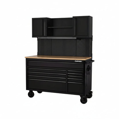 56 In. W X 27.6 In. D 10-Drawer Matte Black Heavy-Duty Mobile Workbench with Pegboard and Top Cabinets