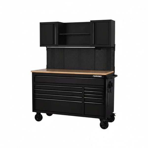 56 In. W X 27.6 In. D 10-Drawer Matte Black Heavy-Duty Mobile Workbench with Pegboard and Top Cabinets