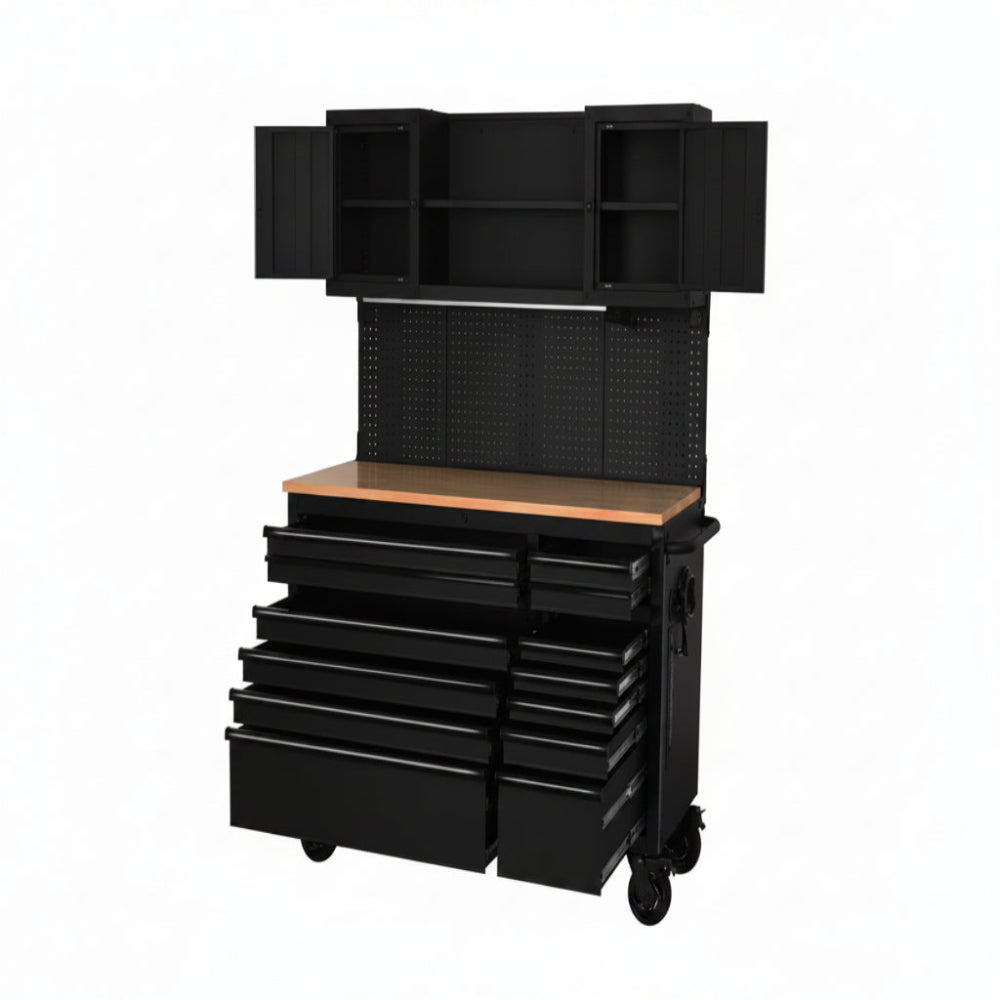 56 In. W X 27.6 In. D 10-Drawer Matte Black Heavy-Duty Mobile Workbench with Pegboard and Top Cabinets