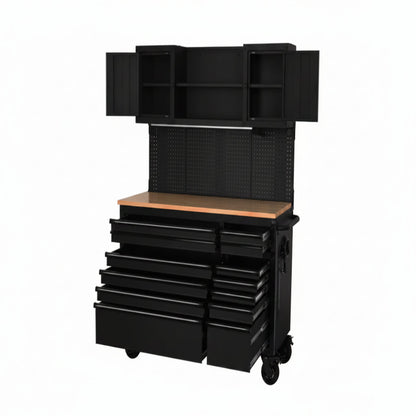 56 In. W X 27.6 In. D 10-Drawer Matte Black Heavy-Duty Mobile Workbench with Pegboard and Top Cabinets