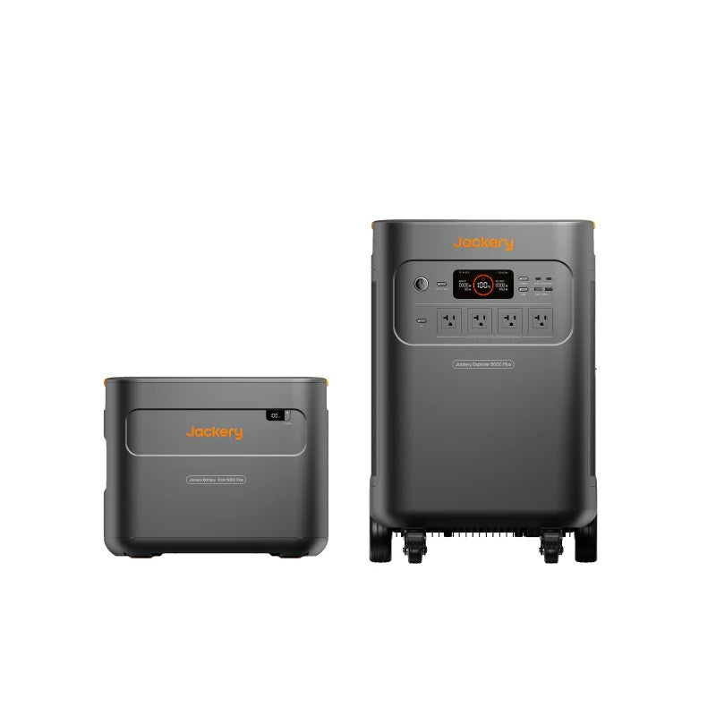 Jackery Explorer 5000 Plus power station and Battery Pack 5000 Plus side by side on white background