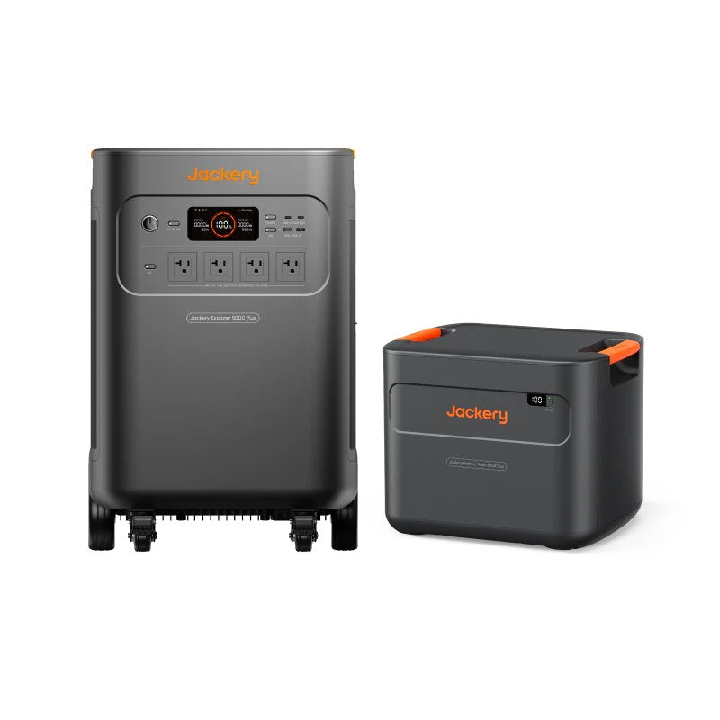 Front view of Jackery Explorer 5000 Plus with Battery Pack 5000 Plus on white background