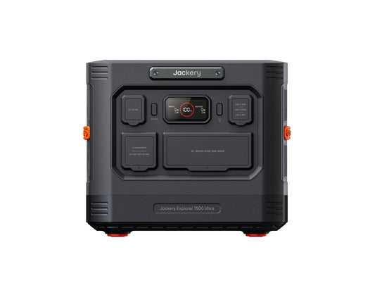 Jackery Explorer 1500 Ultra portable power station front view showing AC, USB-C and DC ports
