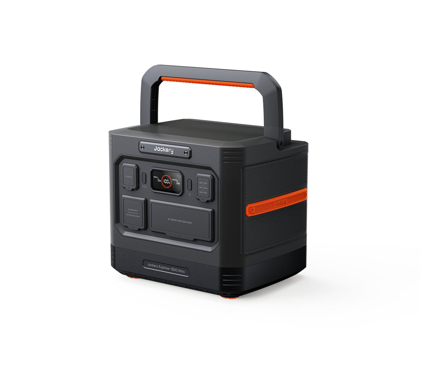 Jackery Explorer 1500 Ultra power station at an angle with the top carry handle raised