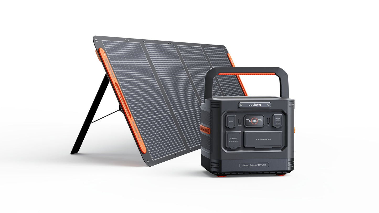 Jackery Explorer 1500 Ultra paired with a 200W foldable solar panel for off-grid charging
