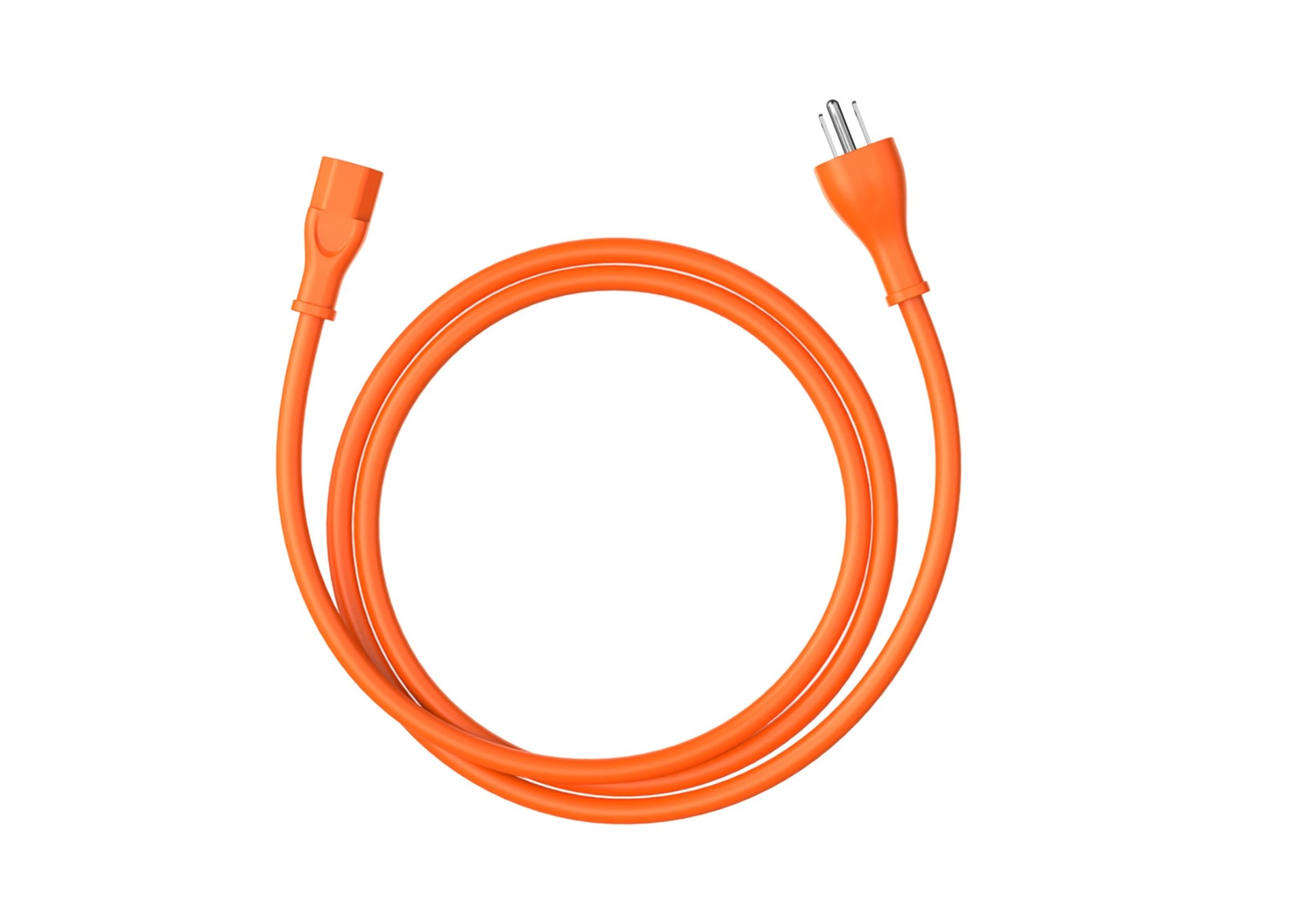 Coiled orange US-spec AC charging cable with NEMA 5-15 plug and IEC C13 connector on white background