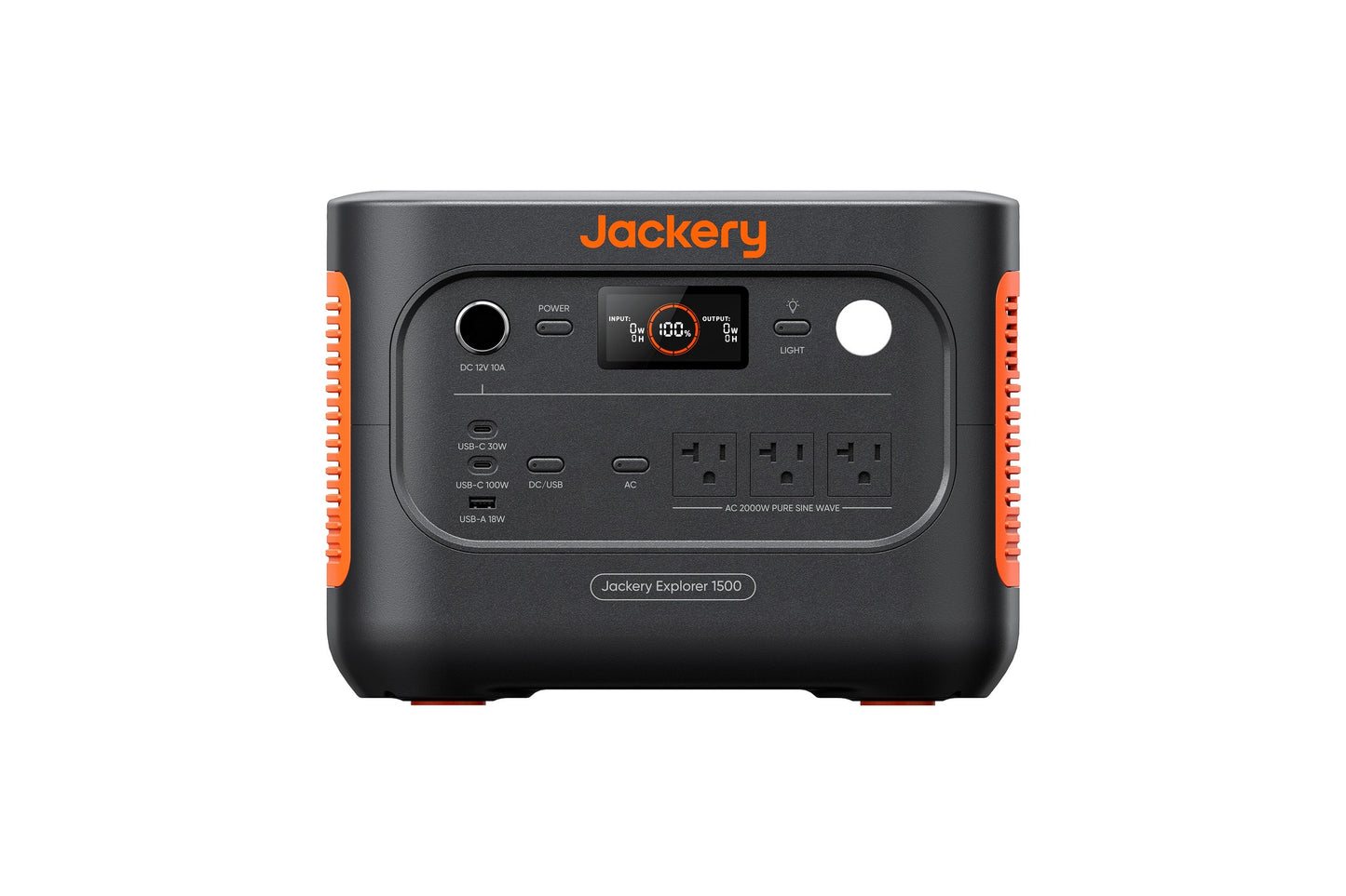 Jackery Explorer 1500 v2 portable power station front view on white background showing control panel and outlets