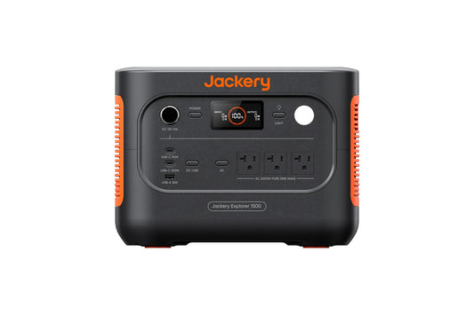 Jackery Explorer 1500 v2 portable power station front view on white background showing control panel and outlets