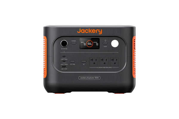 Jackery Explorer 1500 v2 portable power station front view on white background showing control panel and outlets