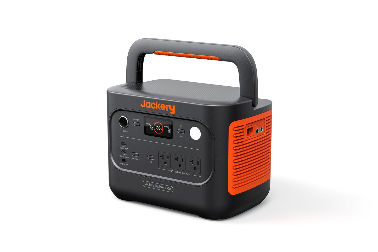 Jackery Explorer 1500 v2 three-quarter angle view on white background showing handle and side vents