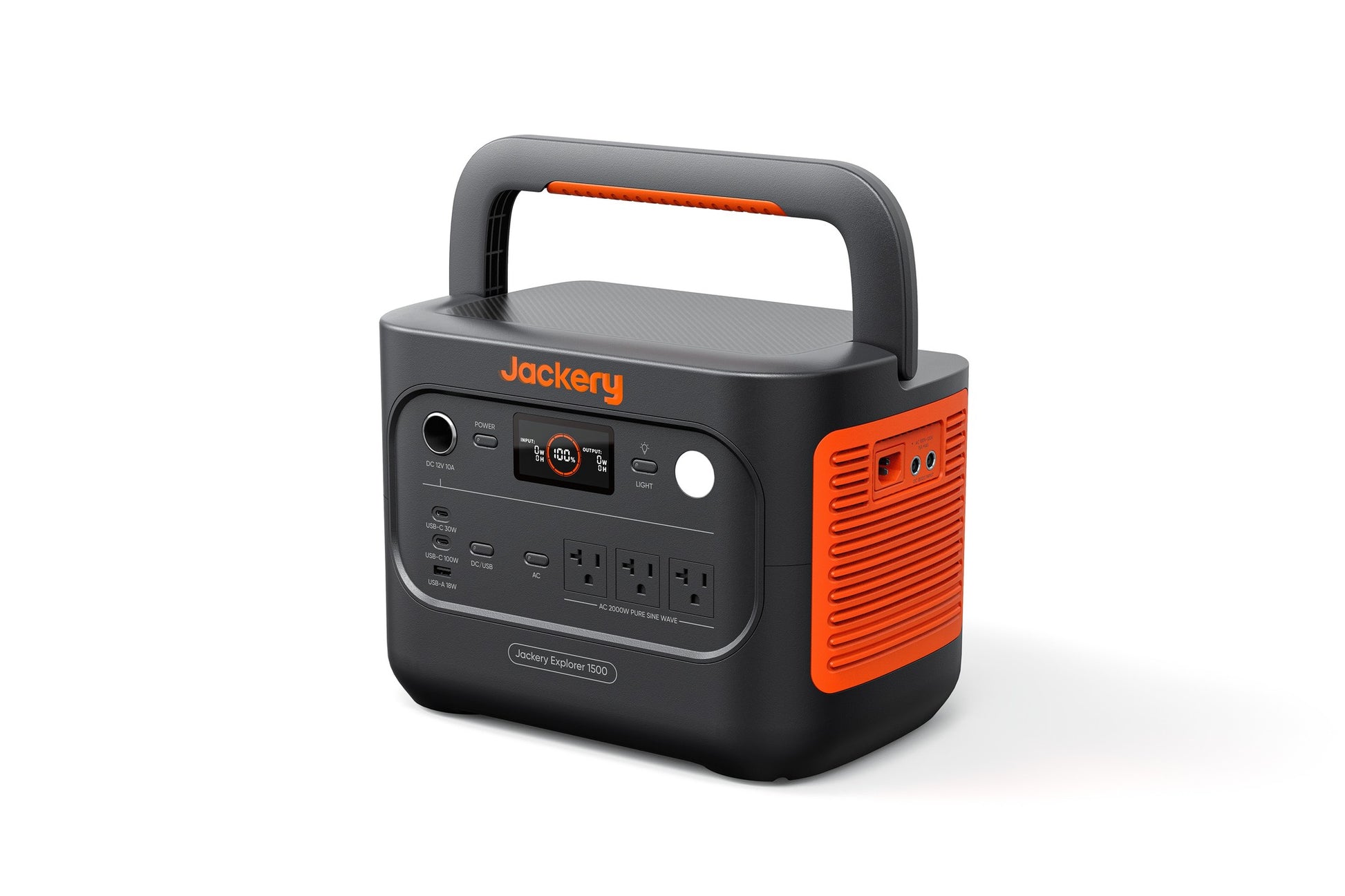 Jackery Explorer 1500 v2 three-quarter angle view on white background showing handle and side vents