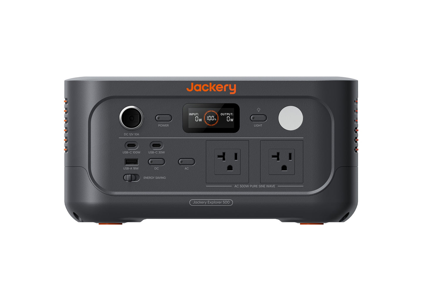 Front panel of Jackery Explorer 500 v2 showing USB-C USB-A AC outlets and display screen
