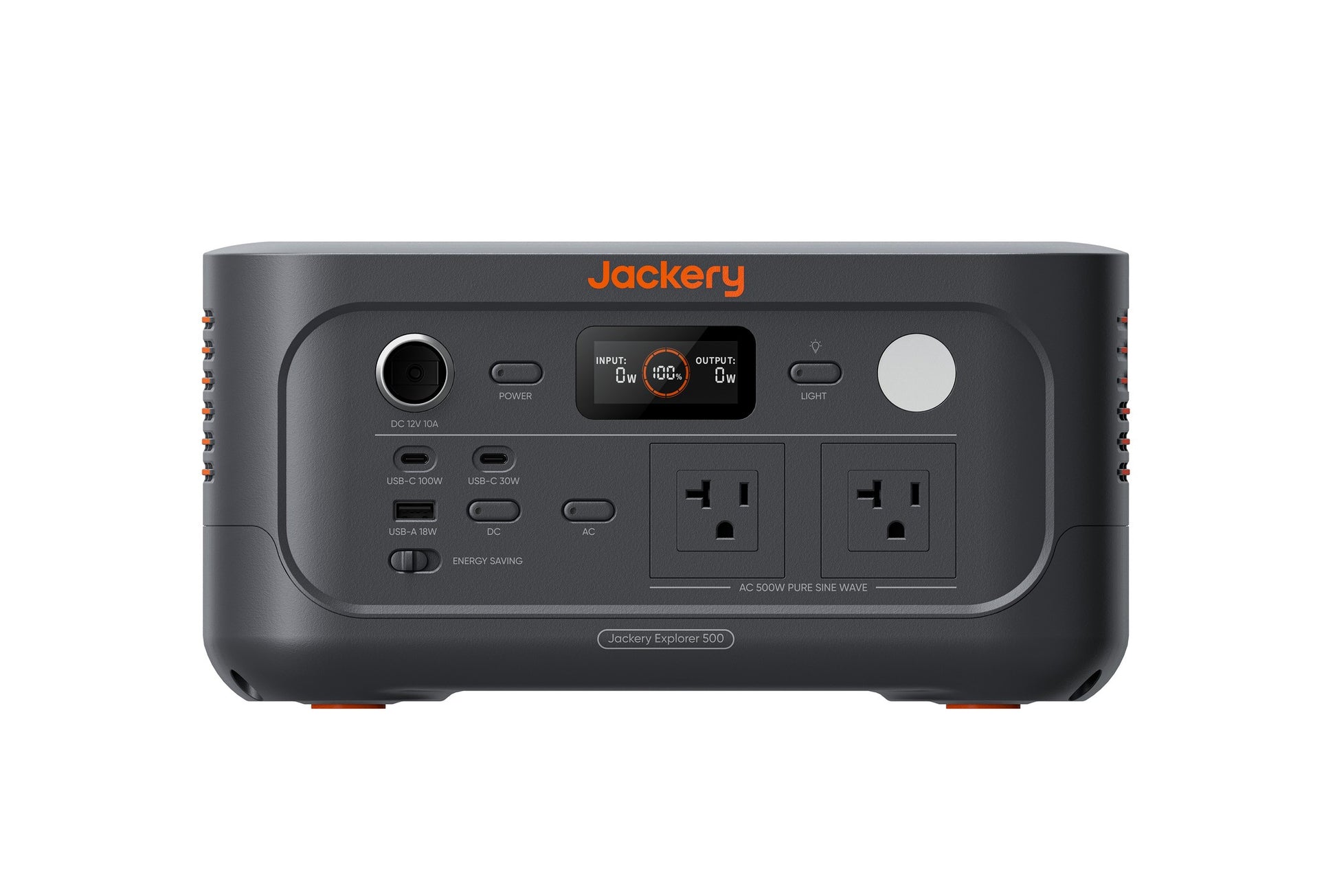 Front panel of Jackery Explorer 500 v2 showing USB-C USB-A AC outlets and display screen
