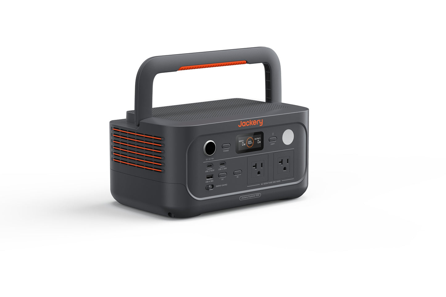 Three-quarter angle view of Jackery Explorer 500 v2 power station with handle raised