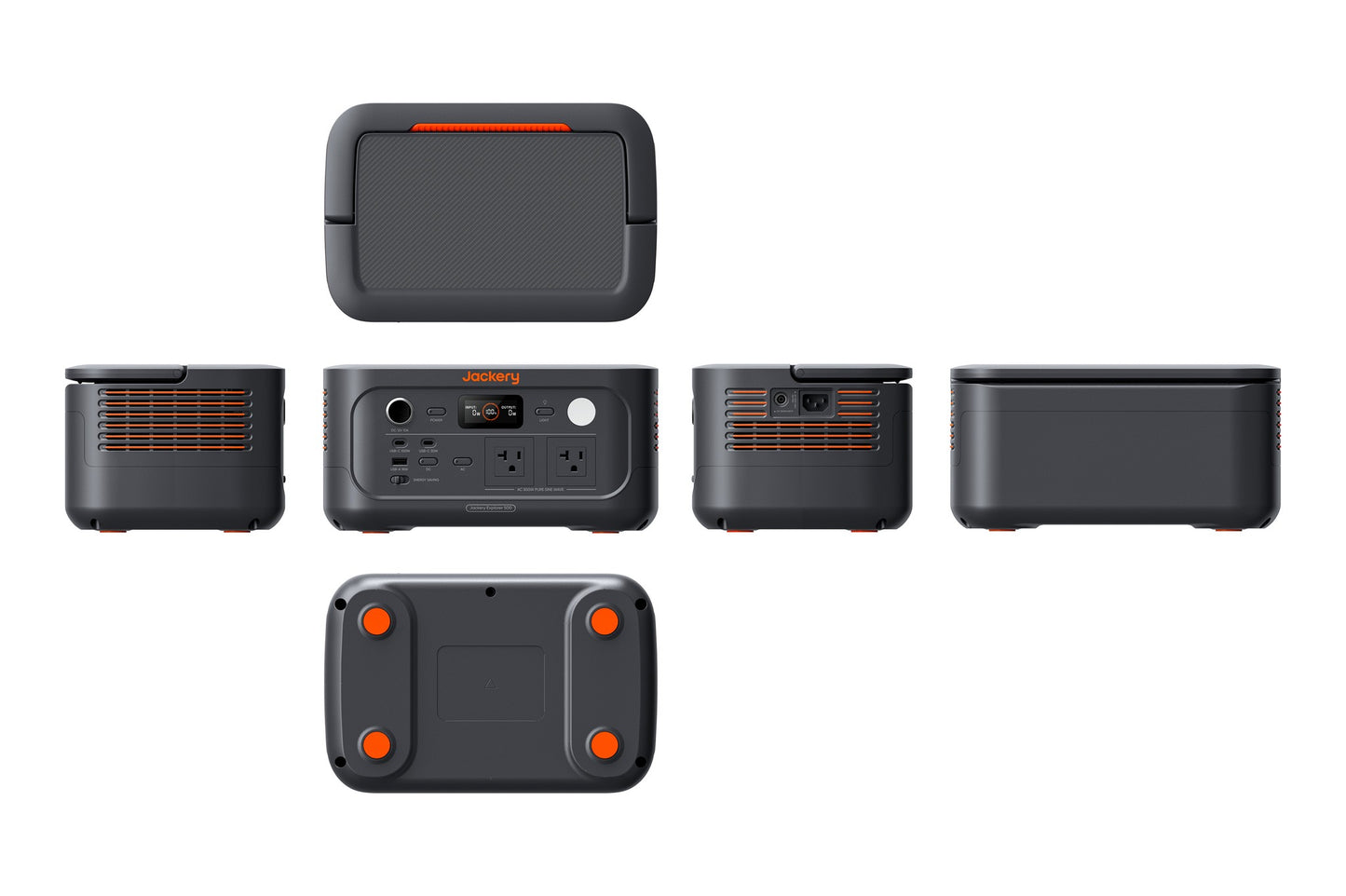 Six-view technical diagram of Jackery Explorer 500 v2 power station showing all sides and ports