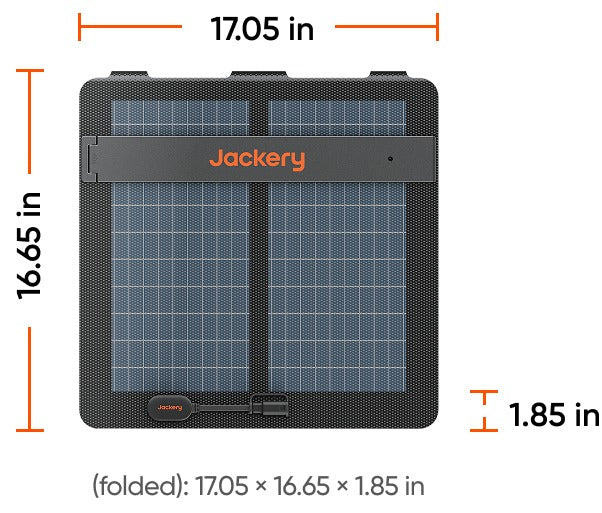 Dimension diagram of 100W Air solar panel folded size 17.05 x 16.65 x 1.85 inches