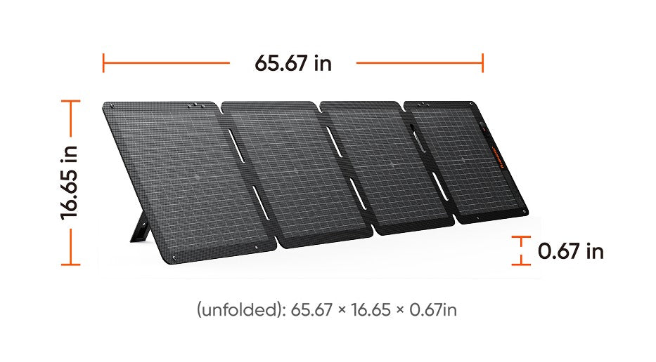 Dimension diagram of 100W Air solar panel unfolded size 65.67 x 16.65 x 0.67 inches