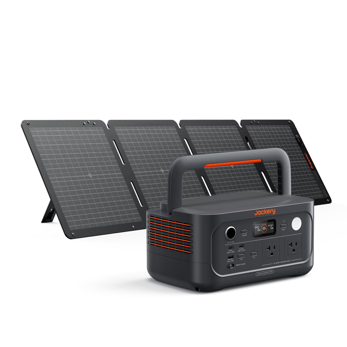 Jackery Explorer 500 v2 power station bundled with folded 100W Air solar panel on white background