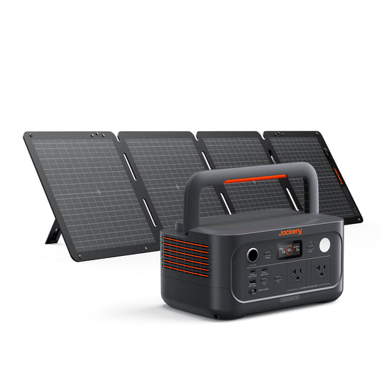 Jackery Explorer 500 v2 power station bundled with folded 100W Air solar panel on white background
