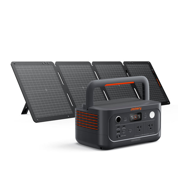 Jackery Explorer 500 v2 power station bundled with folded 100W Air solar panel on white background