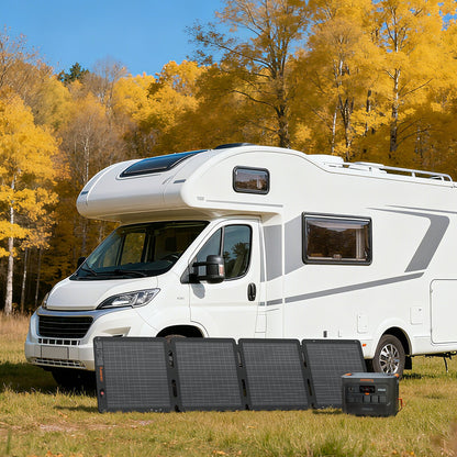100W Air solar panel unfolded next to Jackery power station in autumn field beside RV