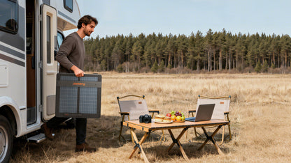Man carrying folded 100W Air solar panel from RV toward a camp picnic table