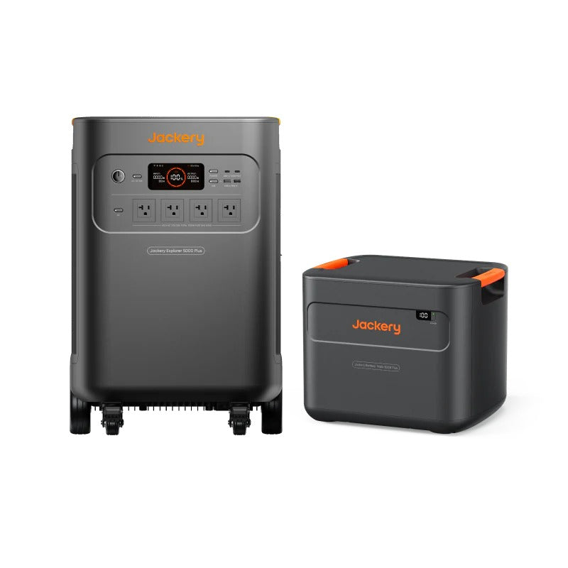 Jackery Explorer 5000 Plus and Battery Pack 5000 Plus stacked together on white background