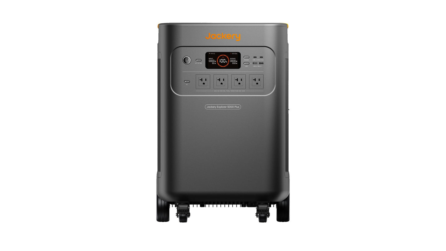 Jackery Explorer 5000 Plus power station front view with LCD display and four US NEMA AC outlets