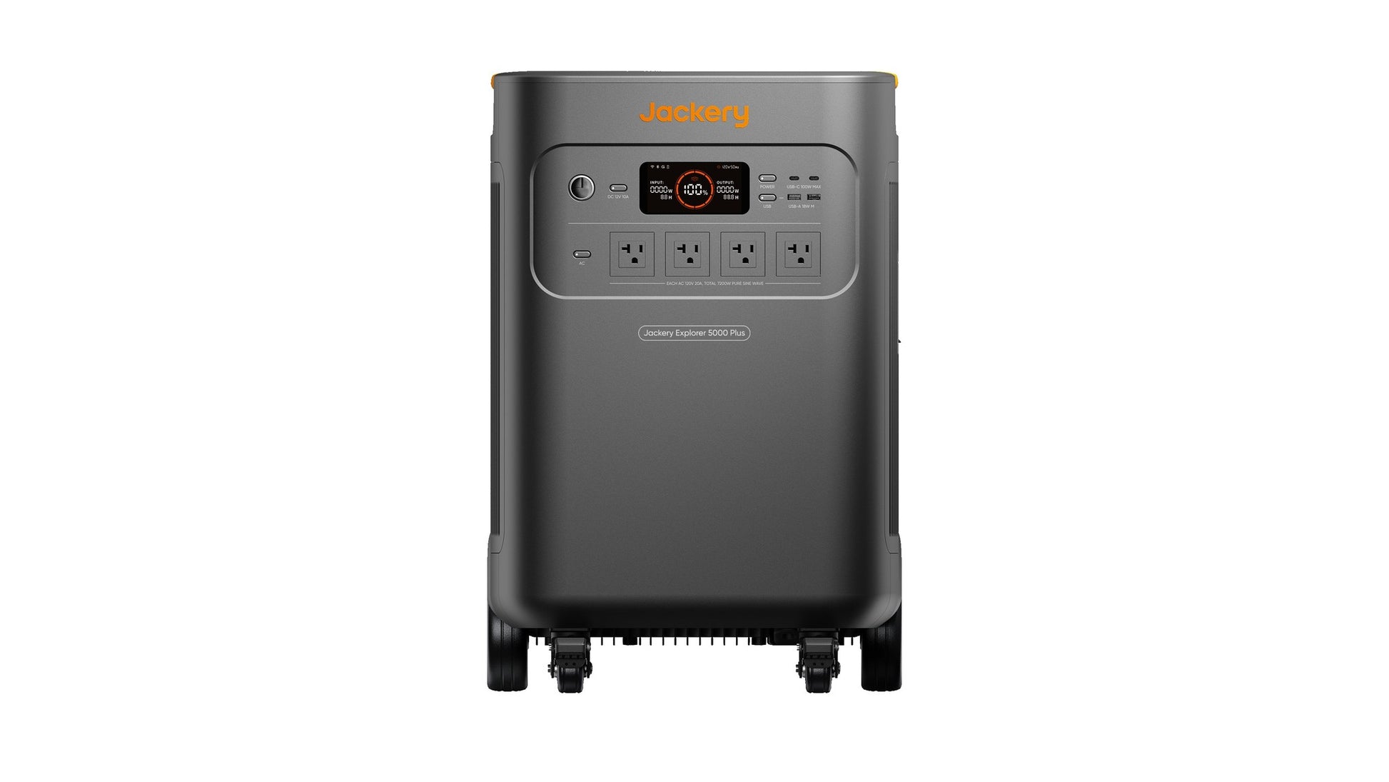 Jackery Explorer 5000 Plus power station front view with LCD display and four US NEMA AC outlets